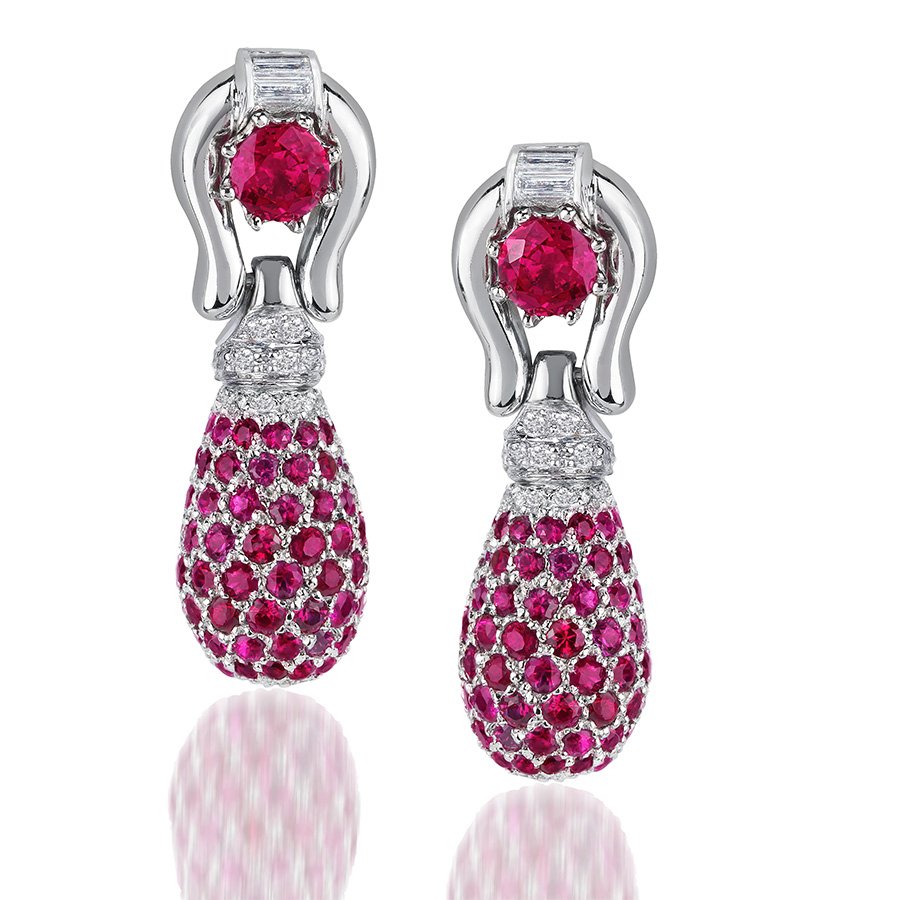 Dangling Ruby And Diamond Earrings In Platinum
