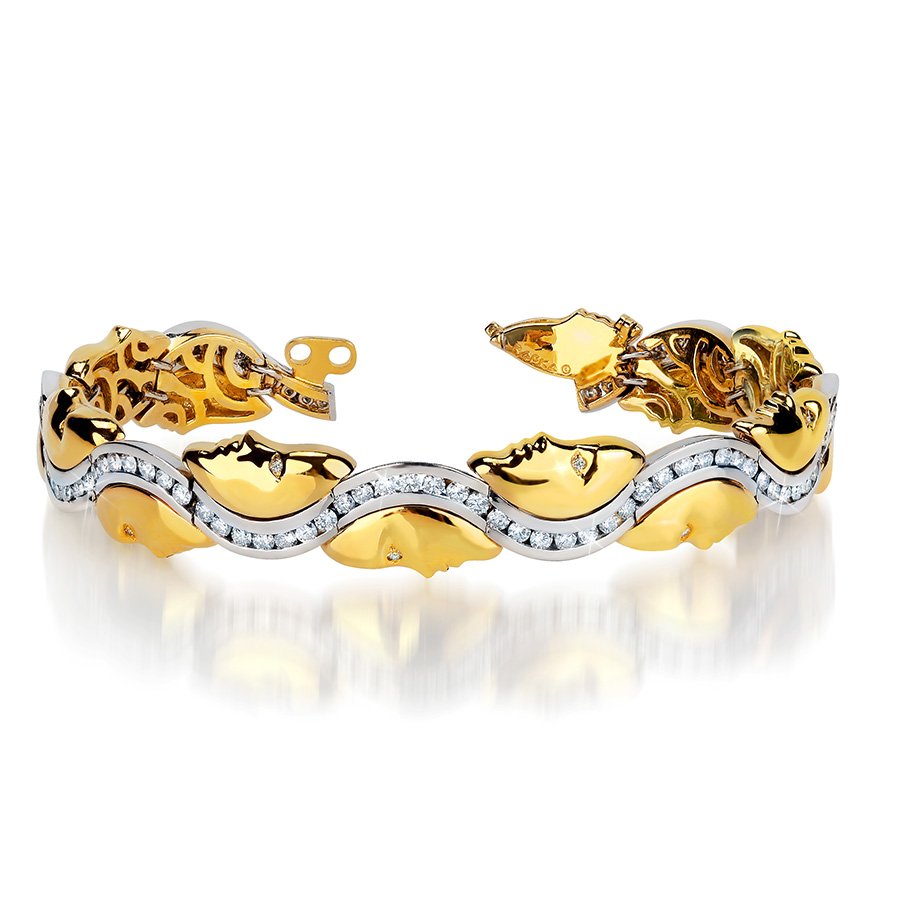 Arty Multi-faced Channel-Set Diamond Bracelet Handcrafted In 18K Yellow Gold and Platinum